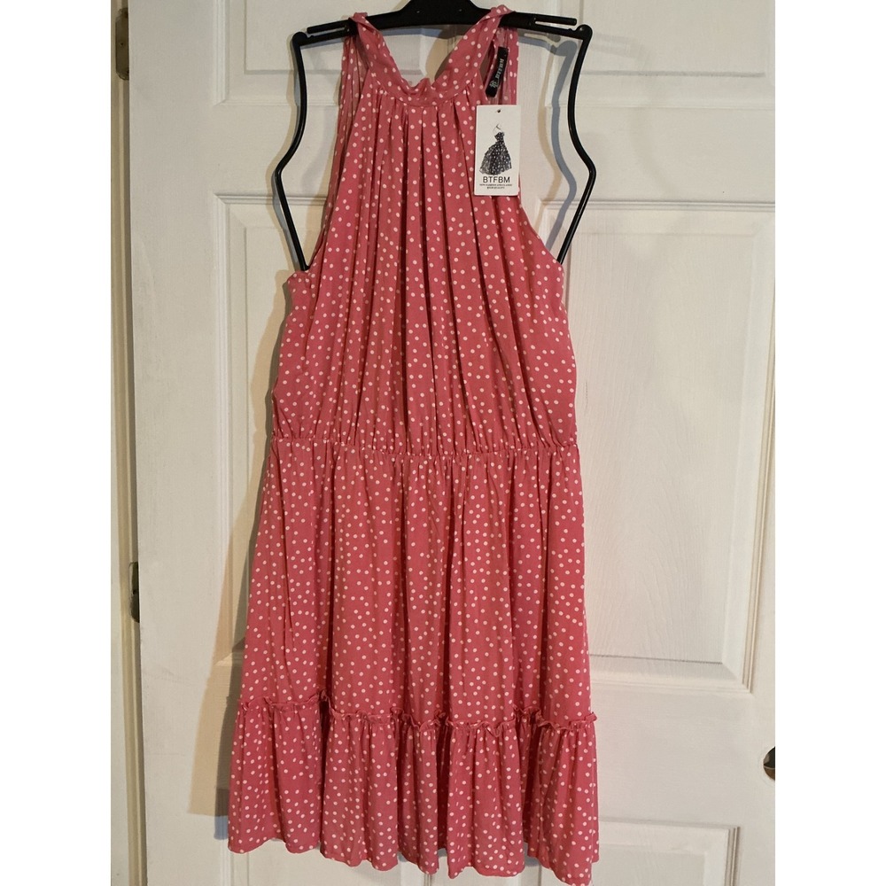 BTFBM Pink Polka Dot Halter Mini Dress Tiered Ruffle Back Tie L New
